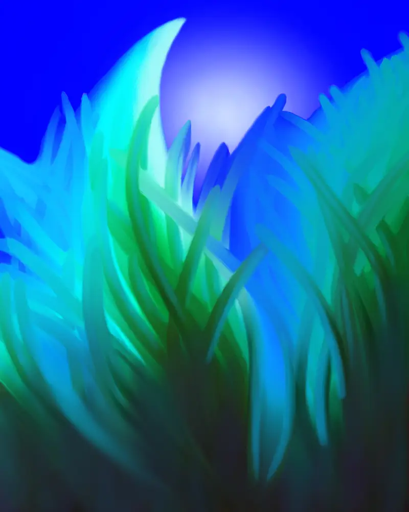 Surreal. Efflorescent green tube plants on blue background with glowing orb behind plants.