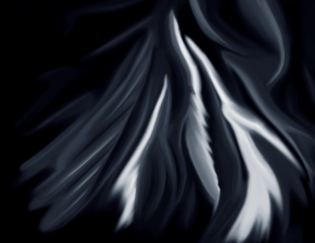 Abstract. Dark background with curving figures, in black and white, moving upwards in foreground.