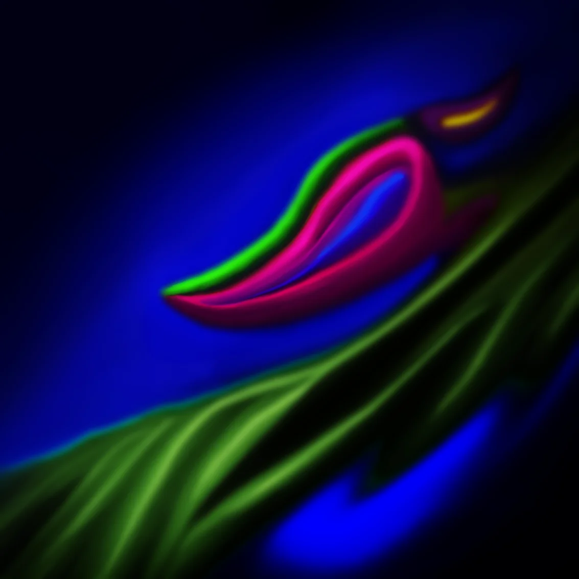 Abstract. Pink flower with green stem on blue background - sharp detail