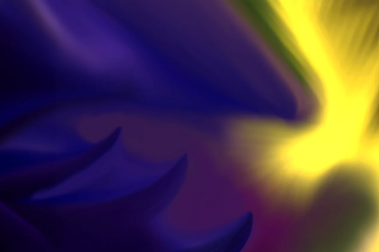 Abstract. Uninviting rugged purple background with a yellow abstract bird flying off the canvas.