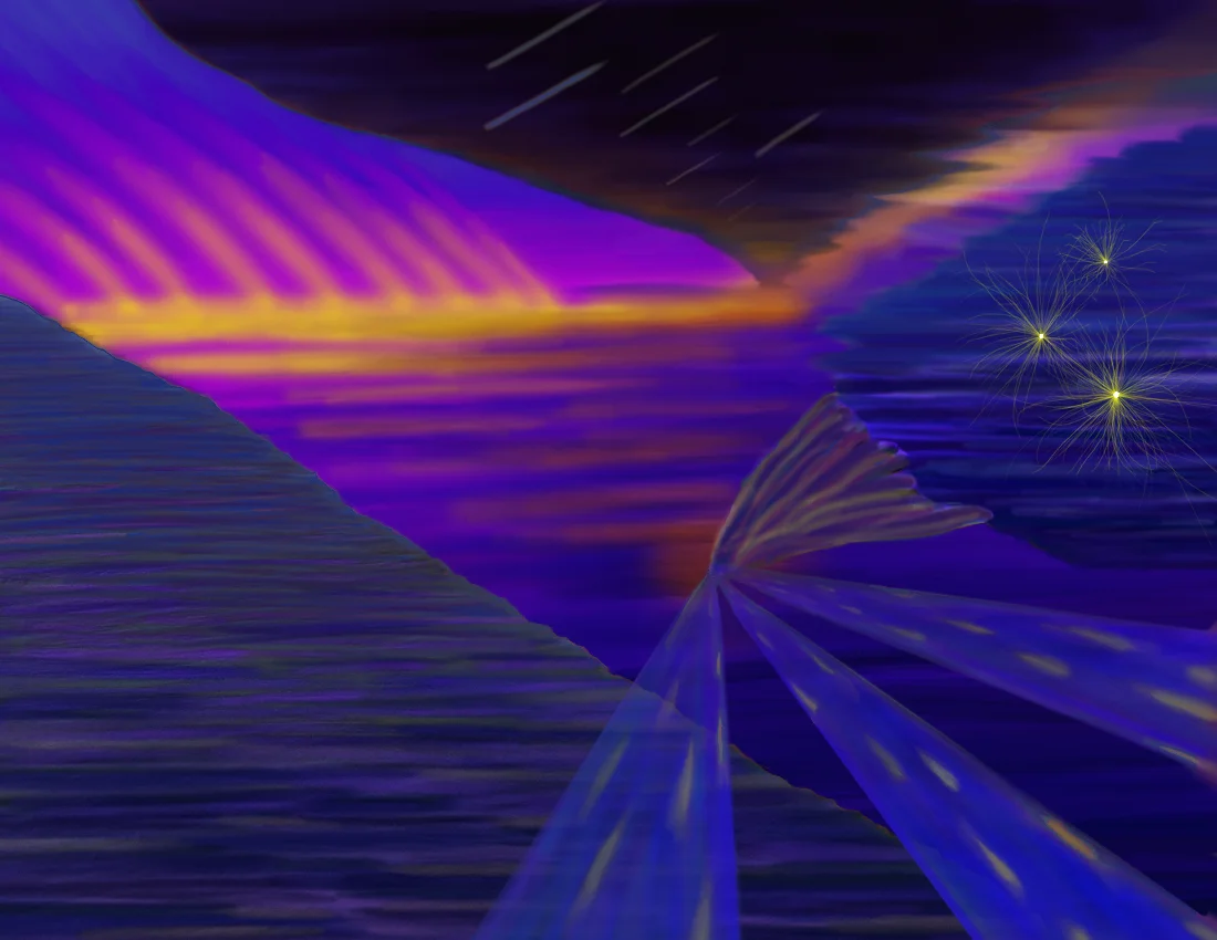 Surreal. Yellow and blue on purple background. Physical and spiritual rendition of universe beginning in multiples of threes.