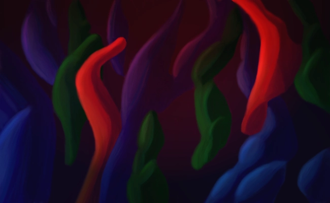Abstract. Curving oblong shapes on dark purple background. Shapes are blue, green, purple and two paired shapes in red.