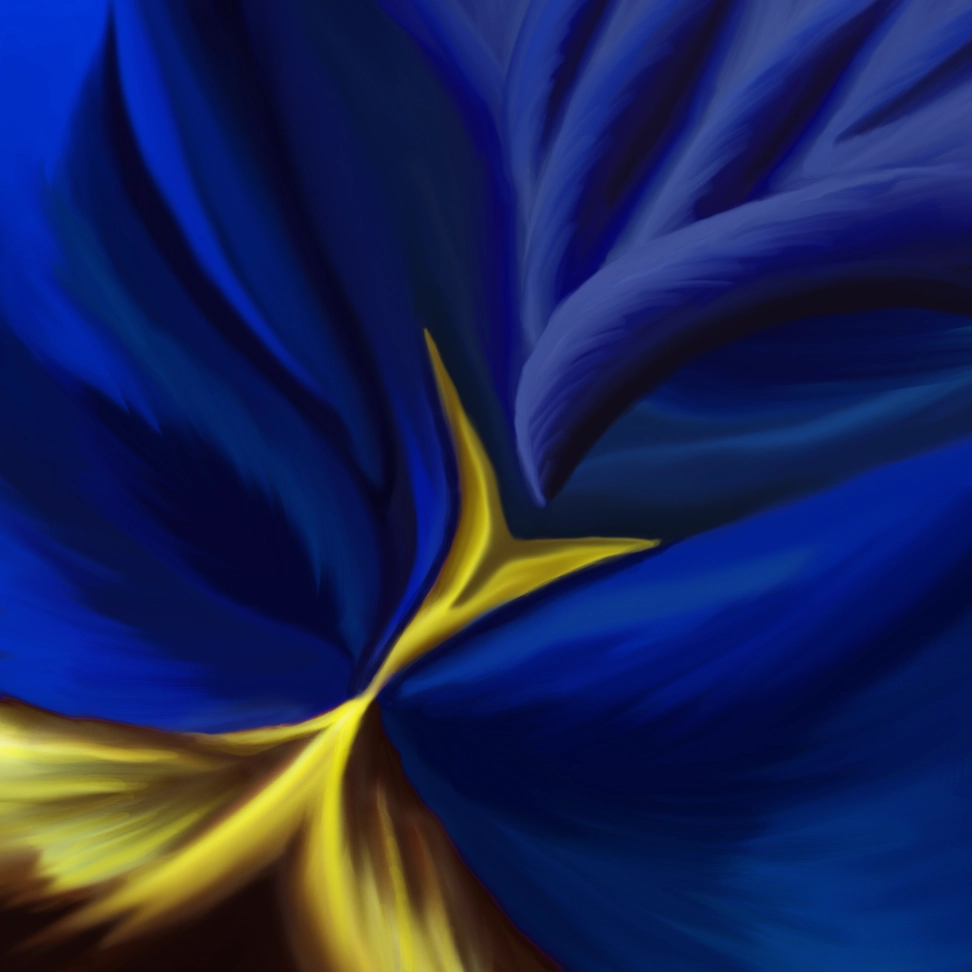 Abstract. Swirled shapes, intertwining with each other, in blue and yellow.