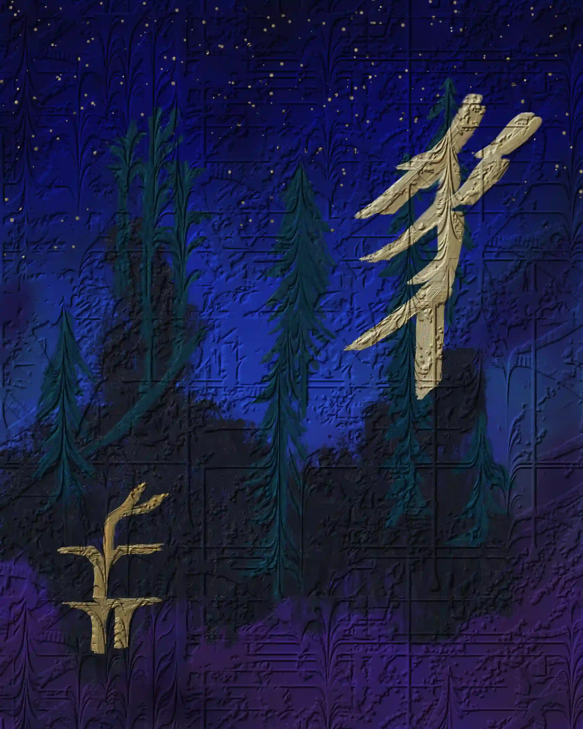 Abstract texture painting. Two golden figures in foreground with dark blue, violet and green background.