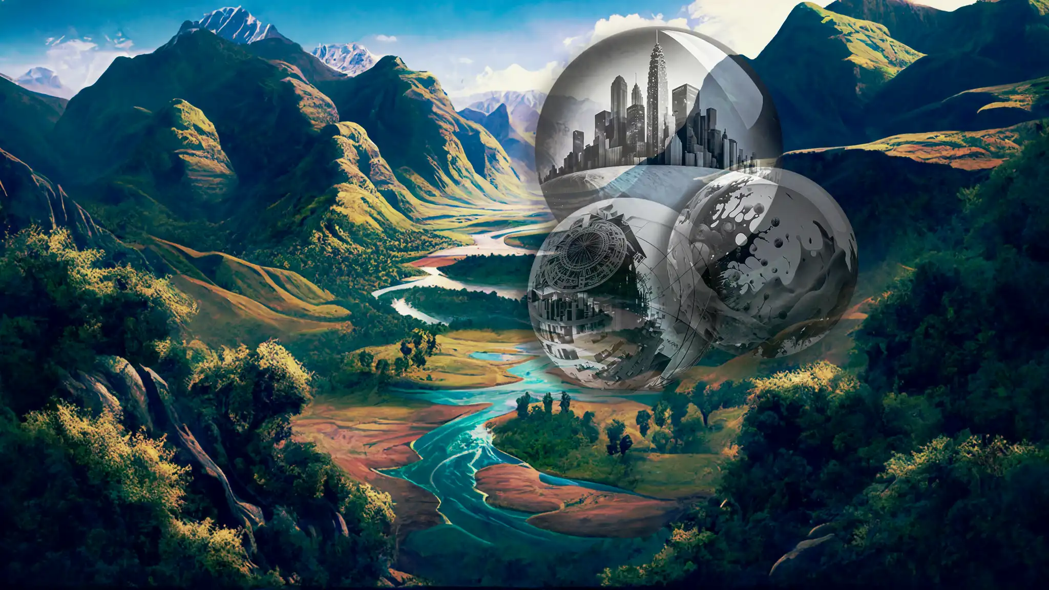 Mountains and valley protected by technology in self-contained bubbles.