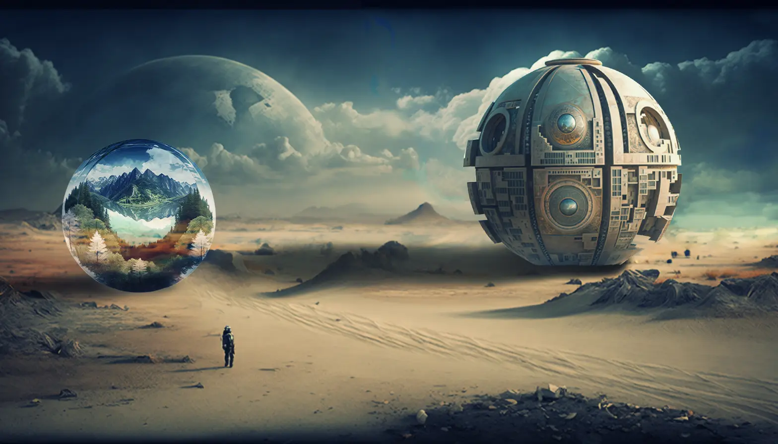 Apocalyptic desert landscape with mountains and lake protected in a self-contained bubble.