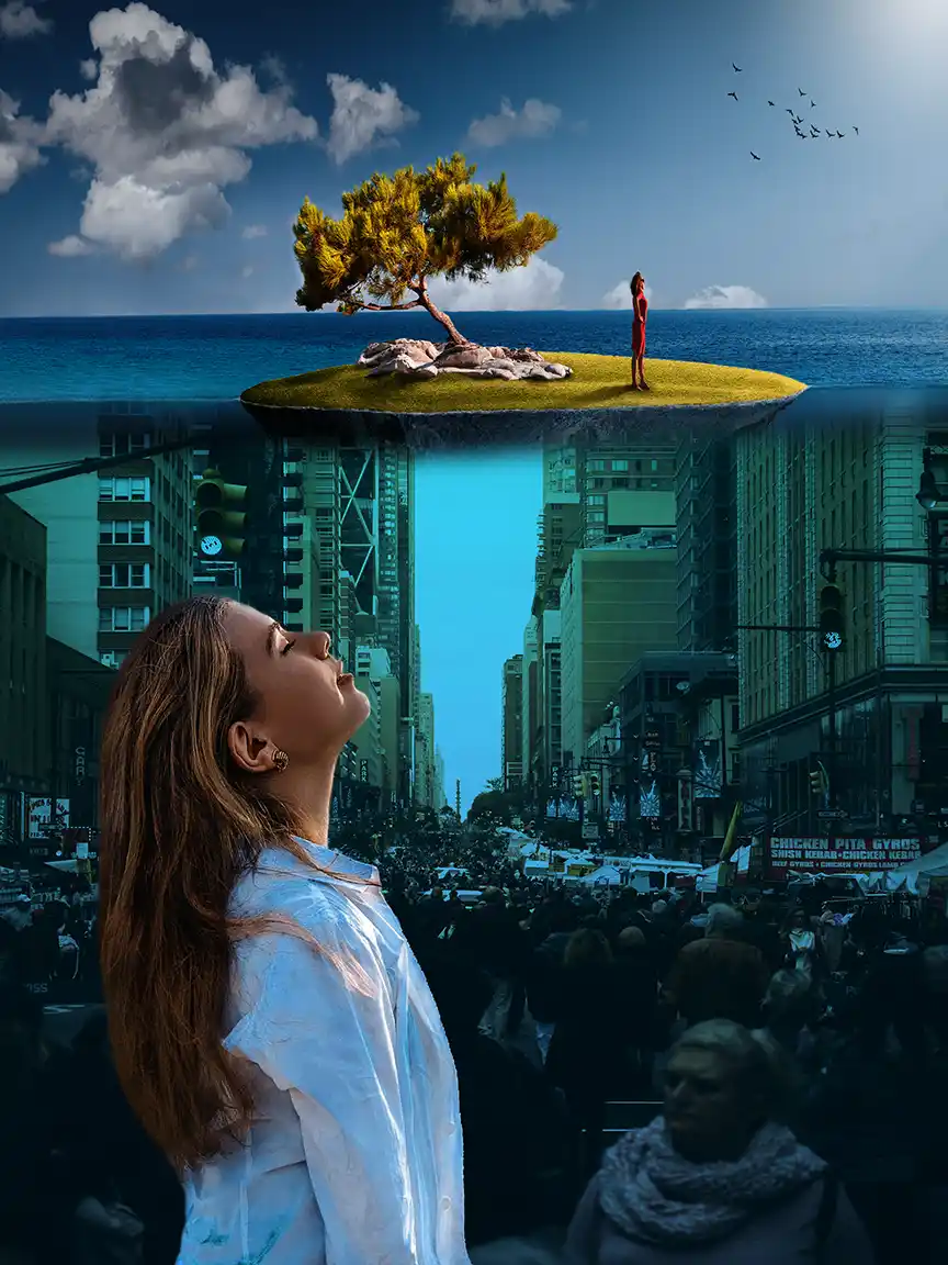 Woman in crowded city dreaming of simpler life on tropical island.