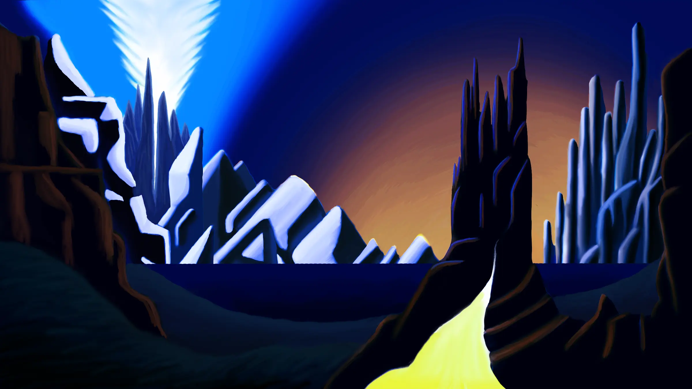 Surreal. Landscape of mountains, meadows and castle.