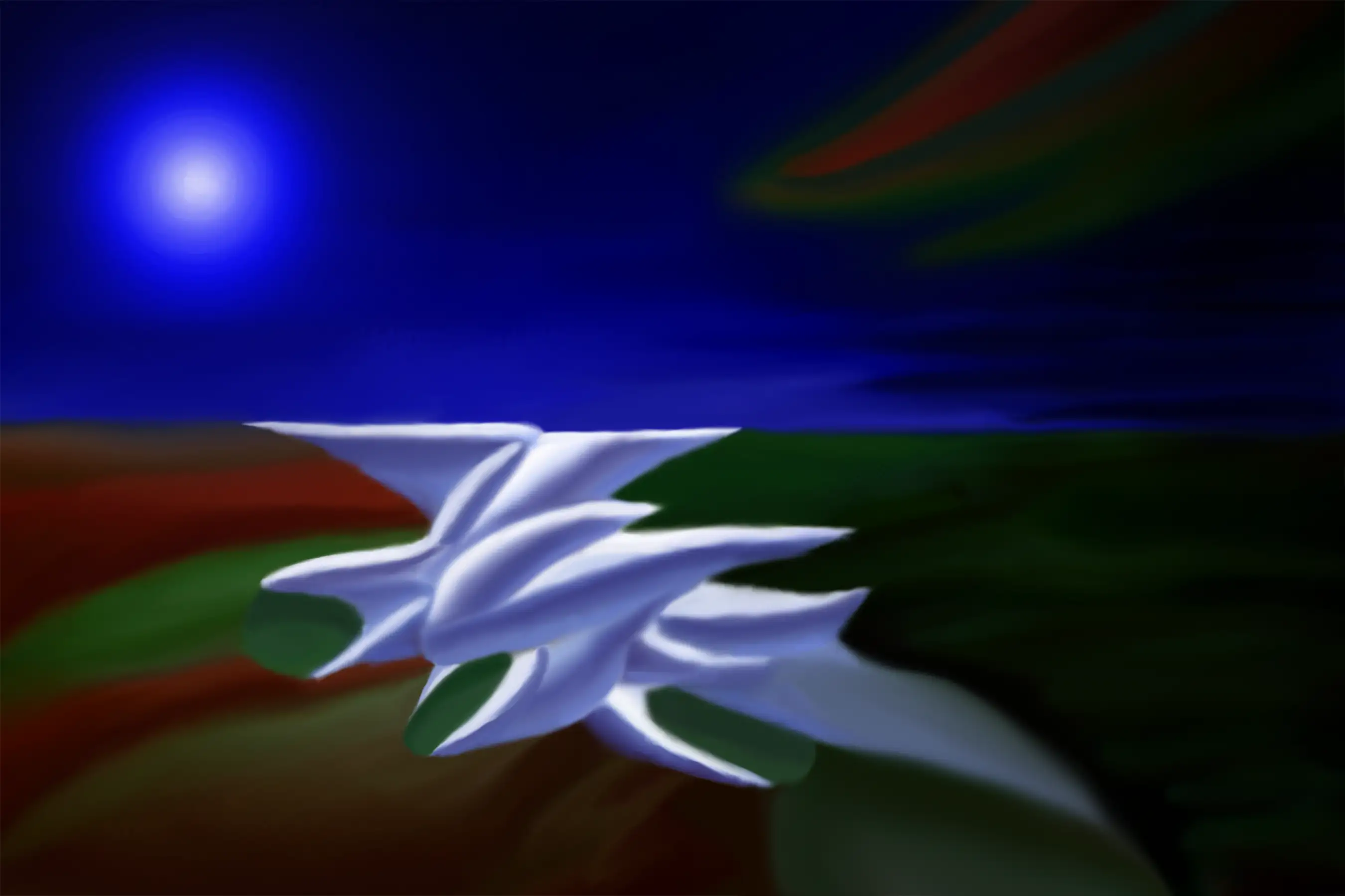 Surreal. Dark green, red and blue landscape with large abstract ice form in the center.