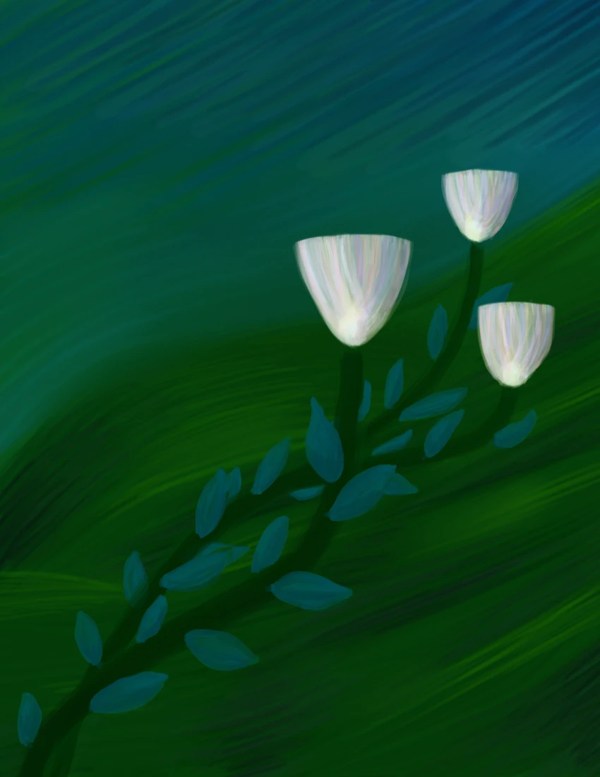 Semi realistic. Three white flowers in foreground with green swirling background.