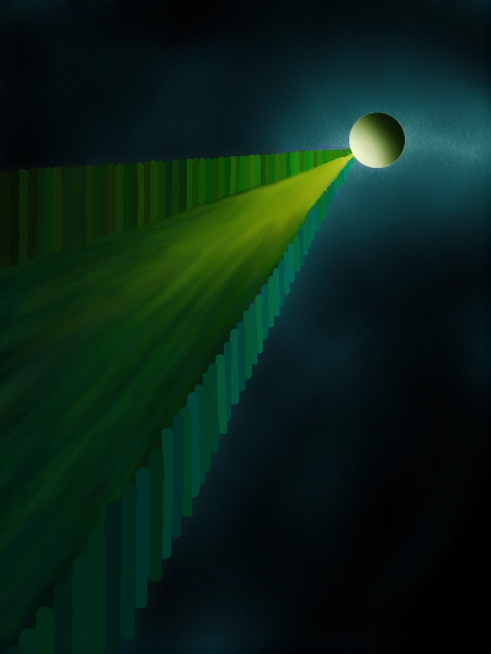Surreal. A green walkway with green post walls on each side moving towards a green planet in outer space.