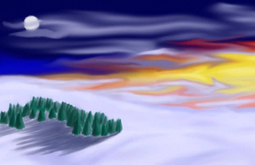 Surreal. Relaxing snow landscape with setting sun colors, moon, and tree group with long shadows.
